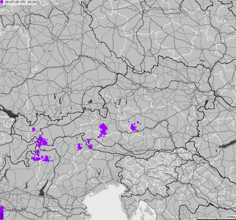 Map of lightnings across Austria