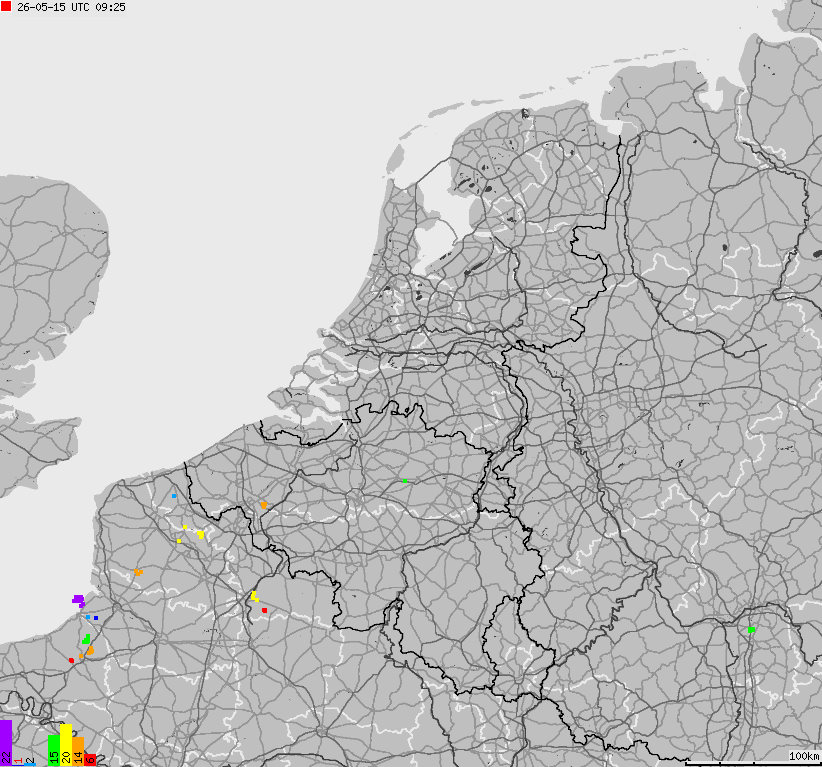 Mapa wyładowań atmosferycznych na obszarze Belgii, Luksemburga, Niderlandów