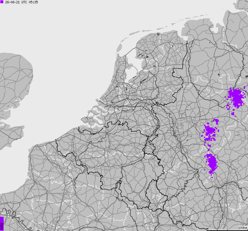 Map of lightnings across Belgium, Luxembourg, Netherlands