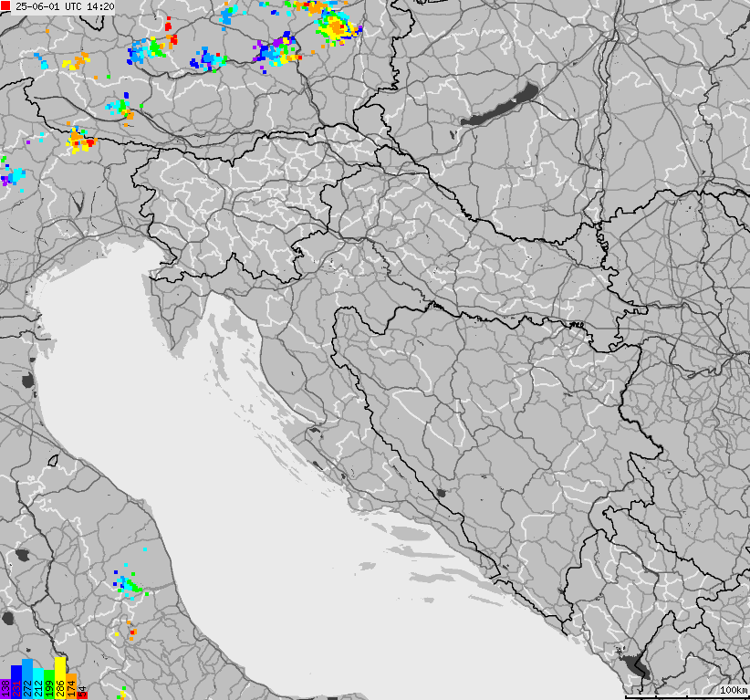 Mapa wyładowań atmosferycznych na obszarze Bośni i Hercegowiny, Chorwacji, Słowenii