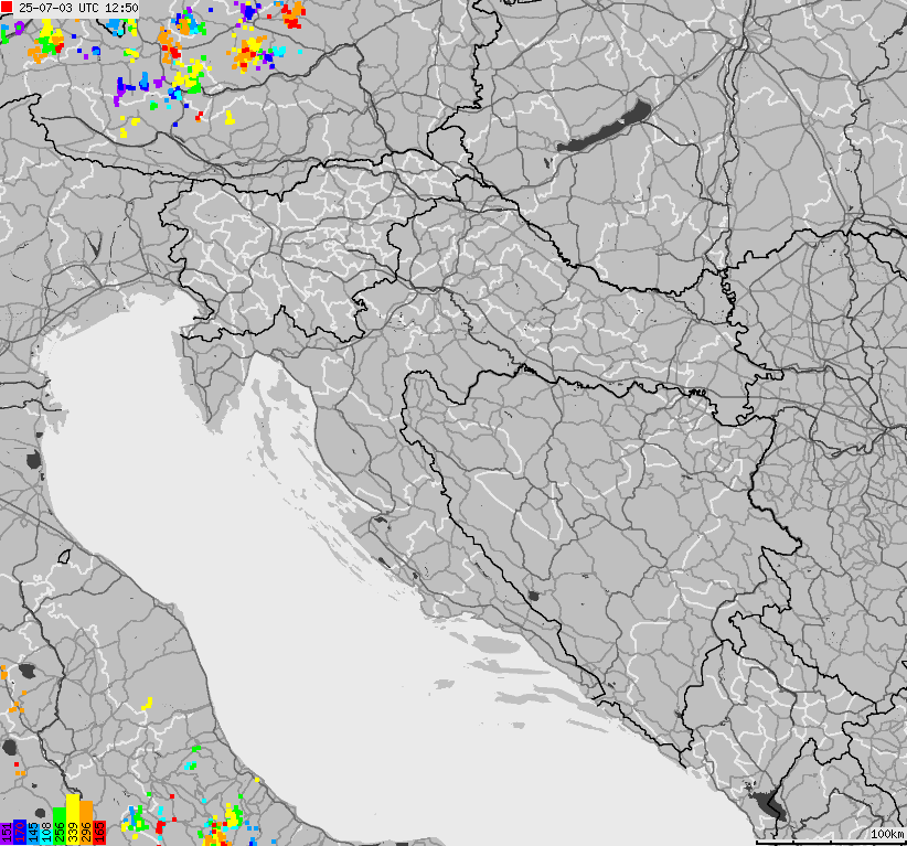 Mapa wyładowań atmosferycznych na obszarze Bośni i Hercegowiny, Chorwacji, Słowenii