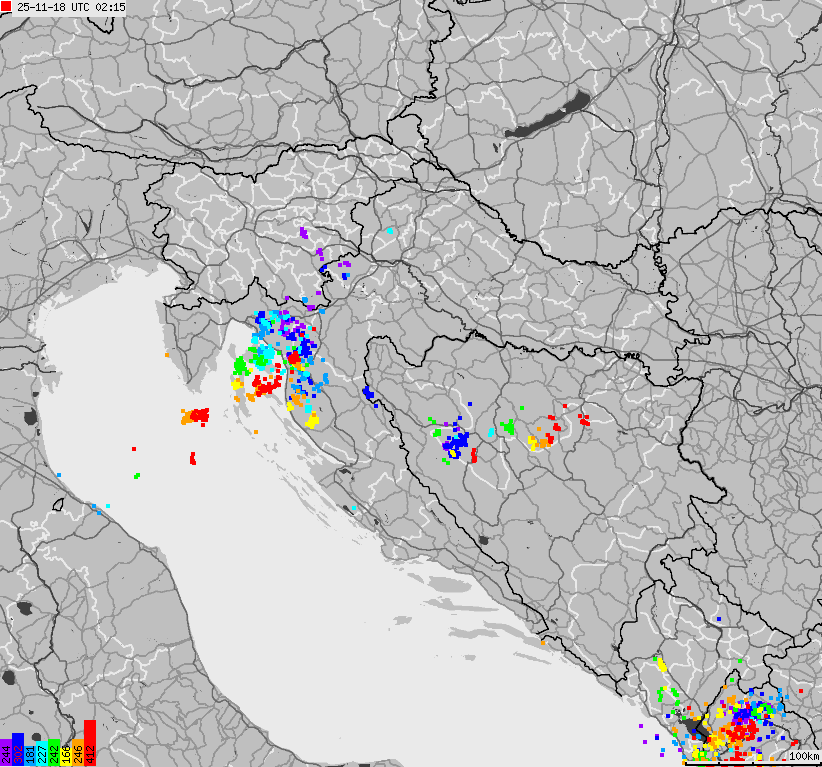 Map of lightnings across Bosnia and Herzegovina, Croatia, Slovenia