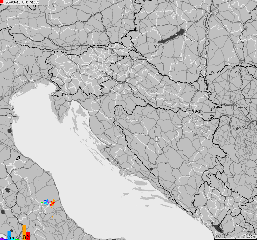 Map of lightnings across Bosnia and Herzegovina, Croatia, Slovenia