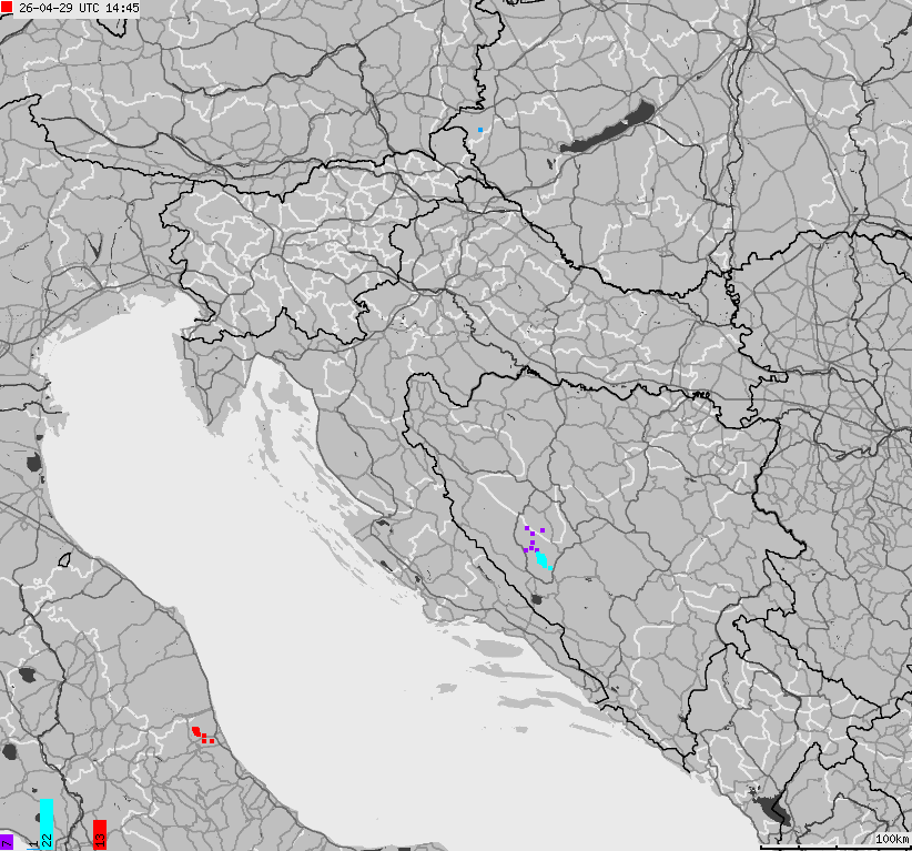 Map of lightnings across Bosnia and Herzegovina, Croatia, Slovenia