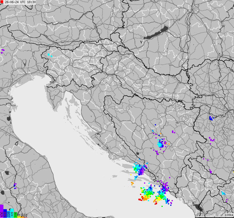 Map of lightnings across Bosnia and Herzegovina, Croatia, Slovenia