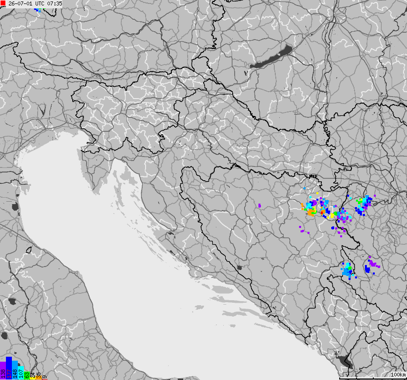 Map of lightnings across Bosnia and Herzegovina, Croatia, Slovenia