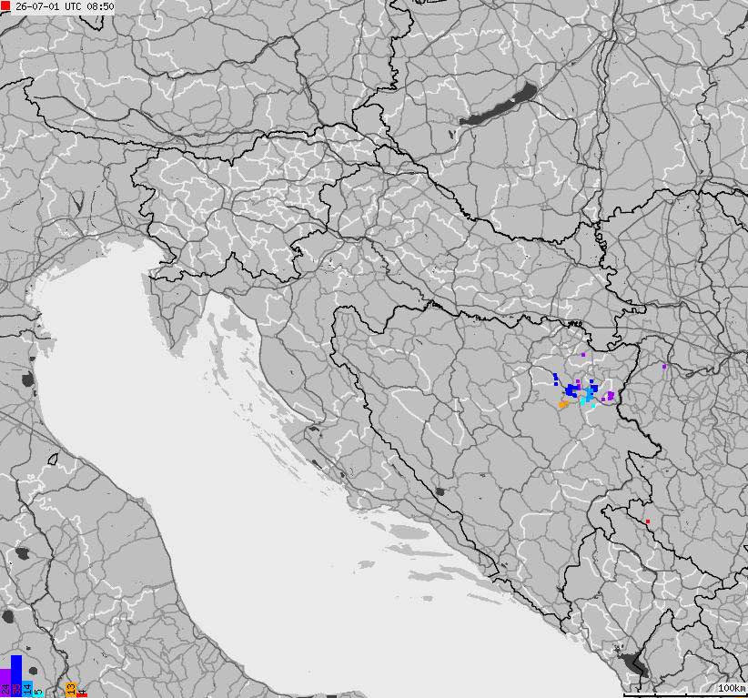 Map of lightnings across Bosnia and Herzegovina, Croatia, Slovenia
