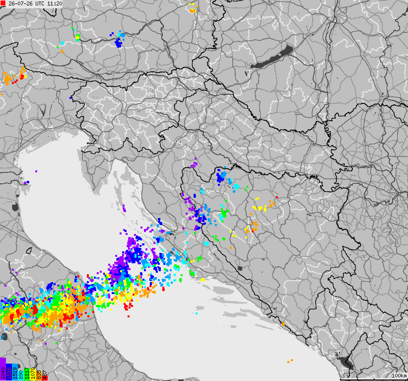 Mapa wyładowań atmosferycznych na obszarze Bośni i Hercegowiny, Chorwacji, Słowenii