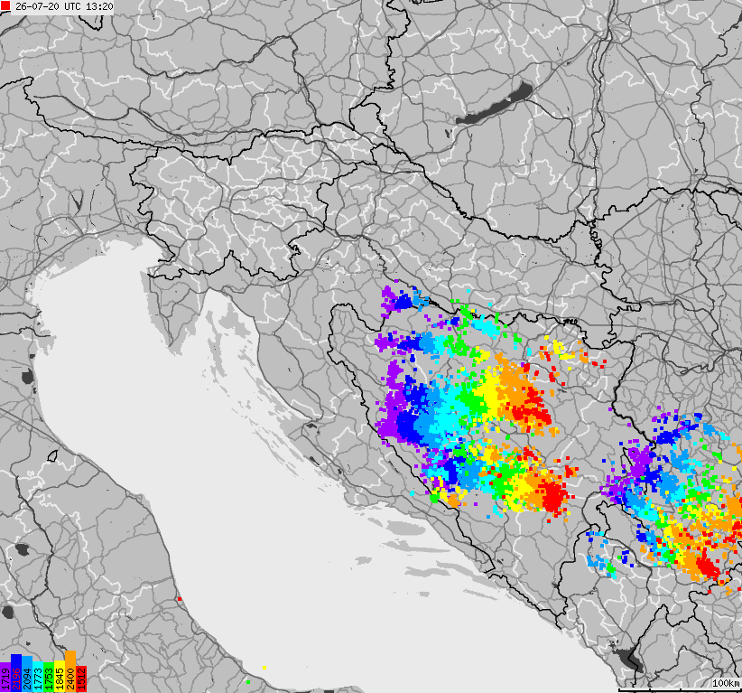 Mapa wyładowań atmosferycznych na obszarze Bośni i Hercegowiny, Chorwacji, Słowenii