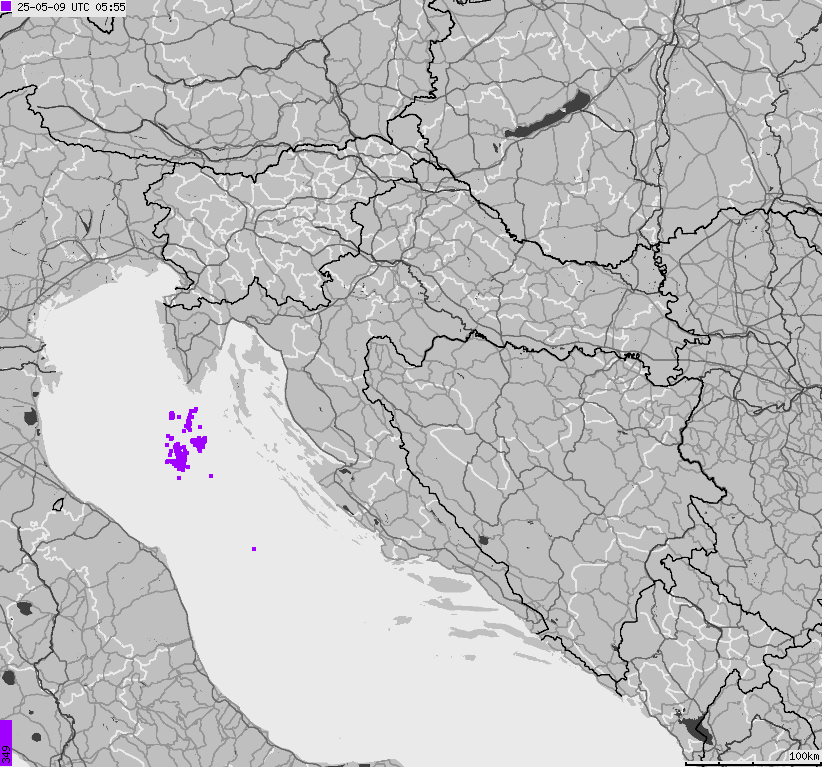 Map of lightnings across Bosnia and Herzegovina, Croatia, Slovenia
