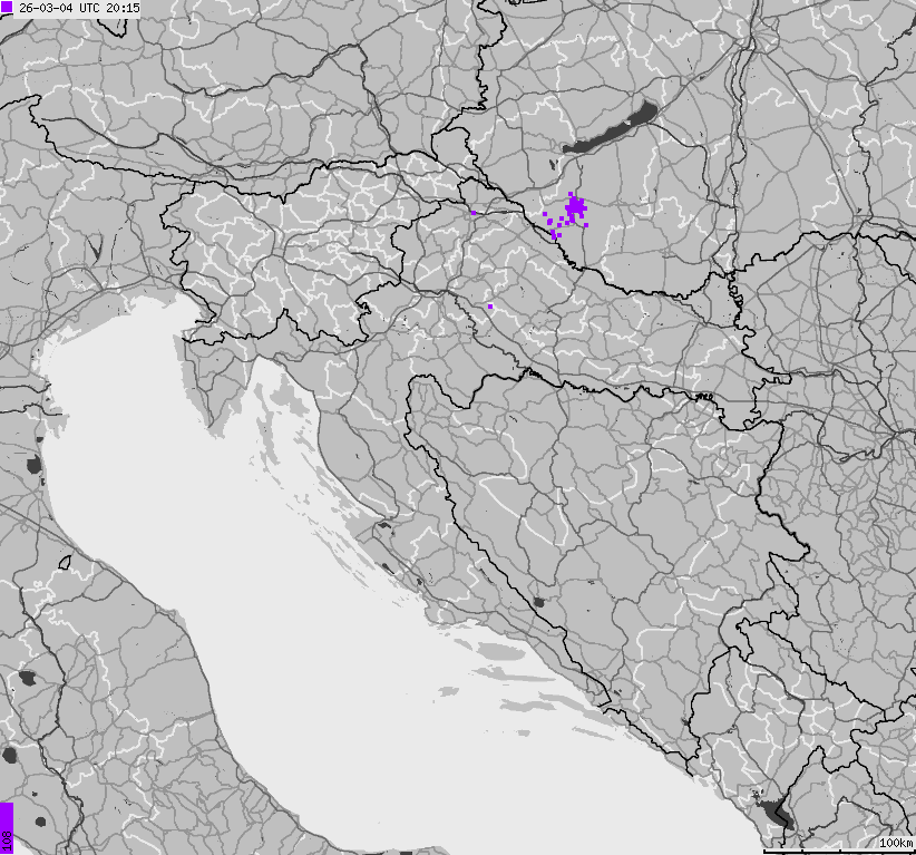 Map of lightnings across Bosnia and Herzegovina, Croatia, Slovenia