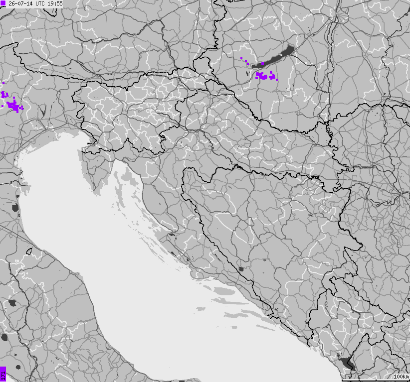 Mapa wyładowań atmosferycznych na obszarze Bośni i Hercegowiny, Chorwacji, Słowenii