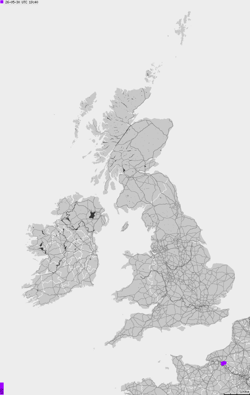 Mapa wyładowań atmosferycznych na obszarze Wysp Brytyjskich