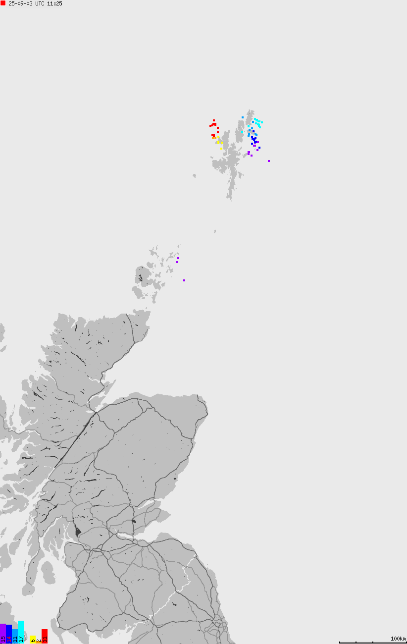 Mapa wyładowań atmosferycznych na obszarze Wysp Brytyjskich
