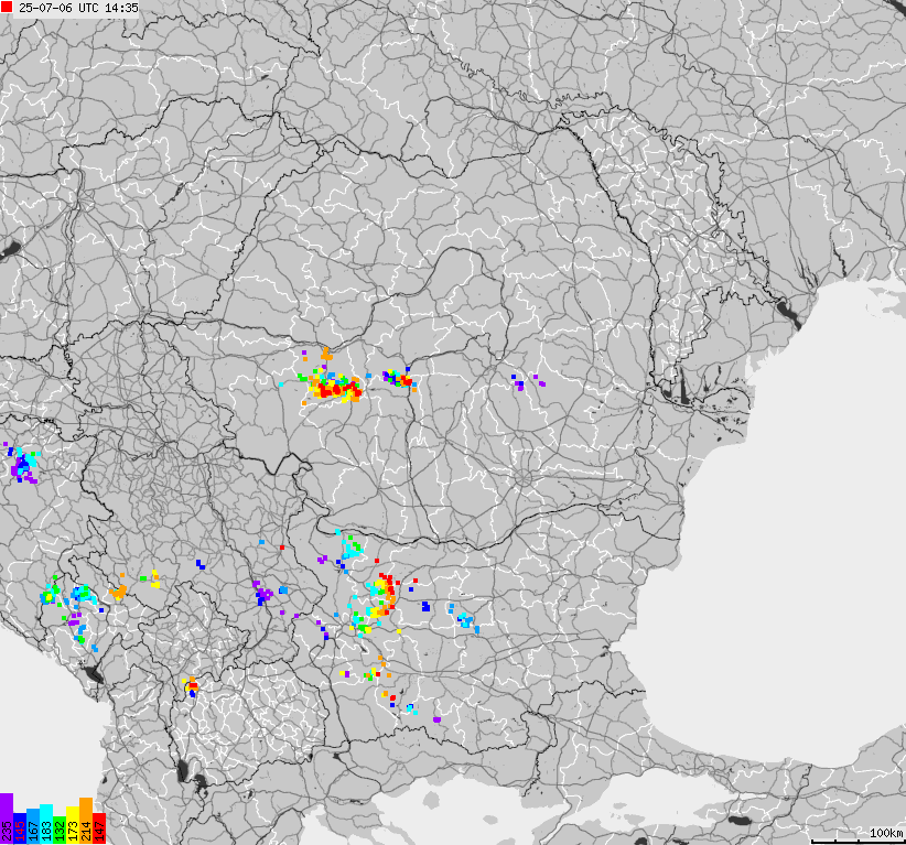 Mapa wyładowań atmosferycznych Bułgarii, Mołdawii, Rumunii