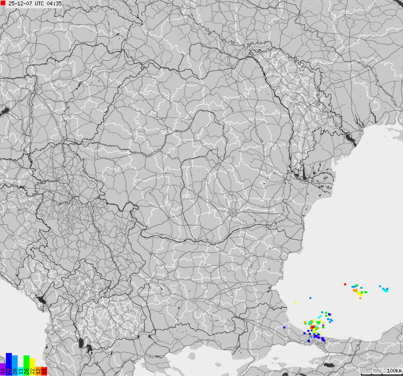 Mapa wyładowań atmosferycznych Bułgarii, Mołdawii, Rumunii
