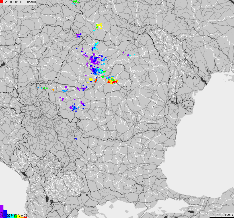 Mapa wyładowań atmosferycznych Bułgarii, Mołdawii, Rumunii