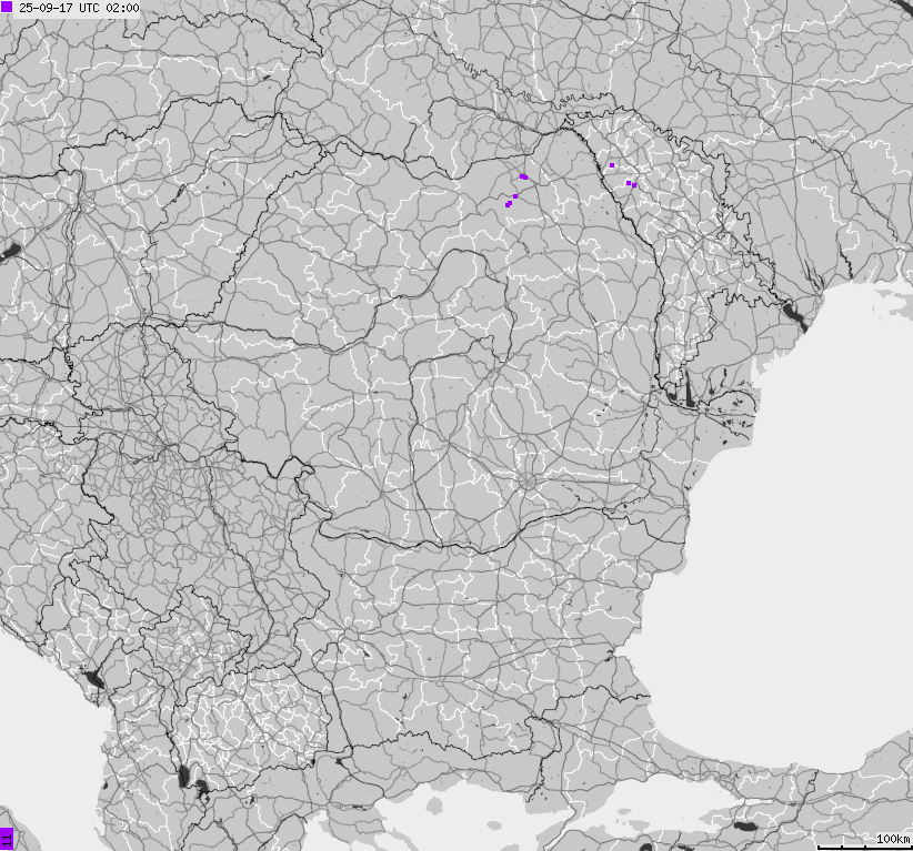 Mapa wyładowań atmosferycznych Bułgarii, Mołdawii, Rumunii