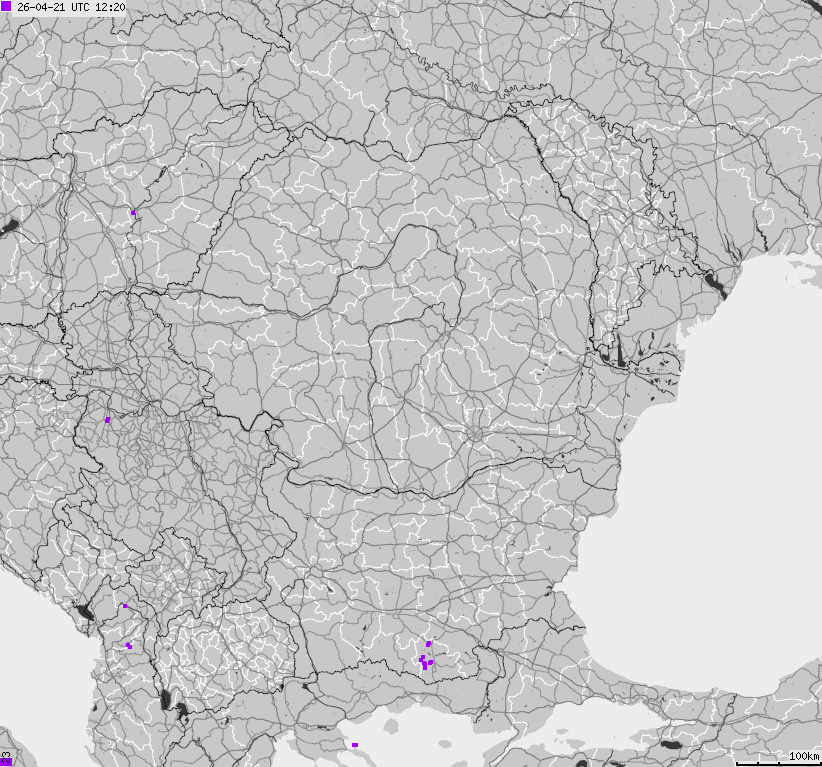 Mapa wyładowań atmosferycznych Bułgarii, Mołdawii, Rumunii