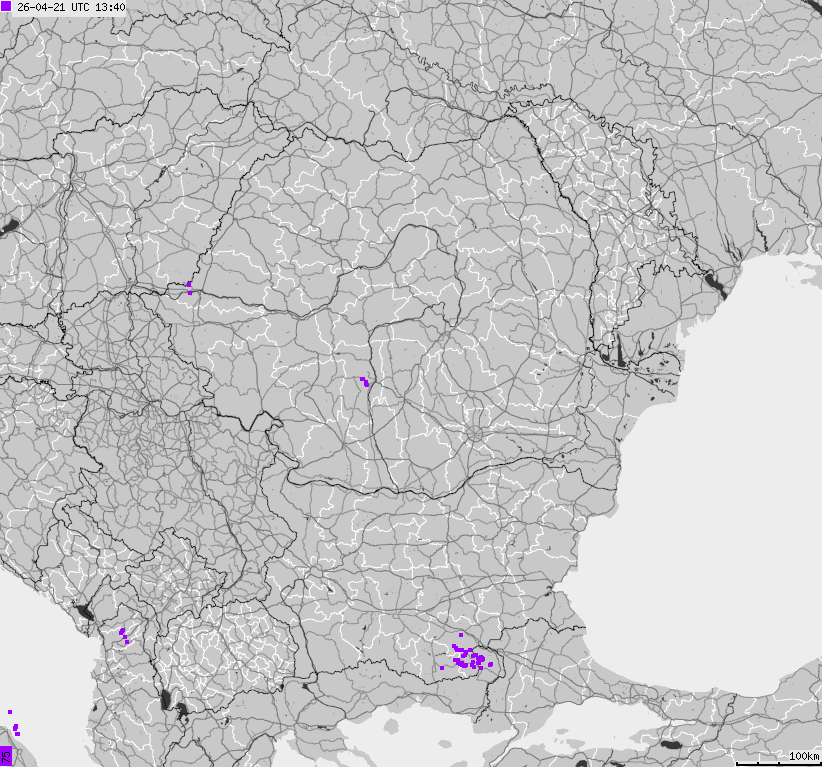 Mapa wyładowań atmosferycznych Bułgarii, Mołdawii, Rumunii