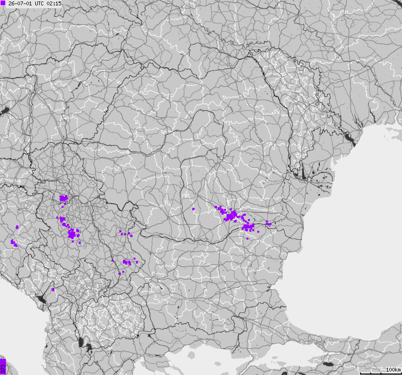 Map of lightnings Bulgaria, Moldavia, Romania