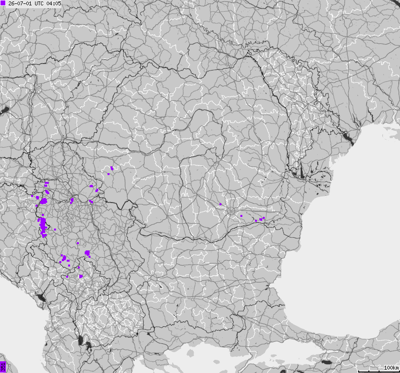 Mapa wyładowań atmosferycznych Bułgarii, Mołdawii, Rumunii