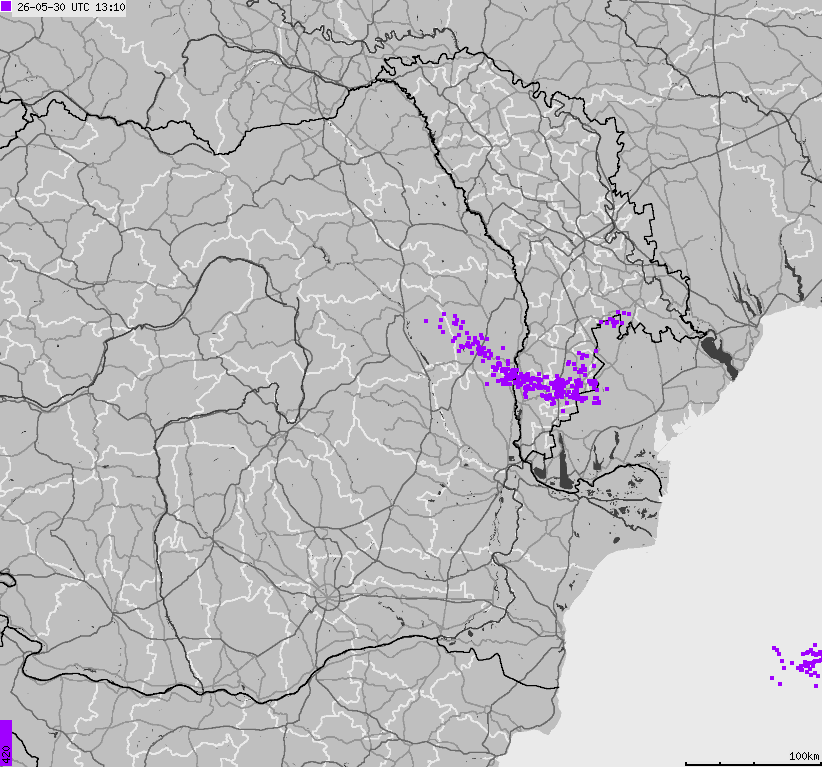 Mapa wyładowań atmosferycznych Bułgarii, Mołdawii, Rumunii