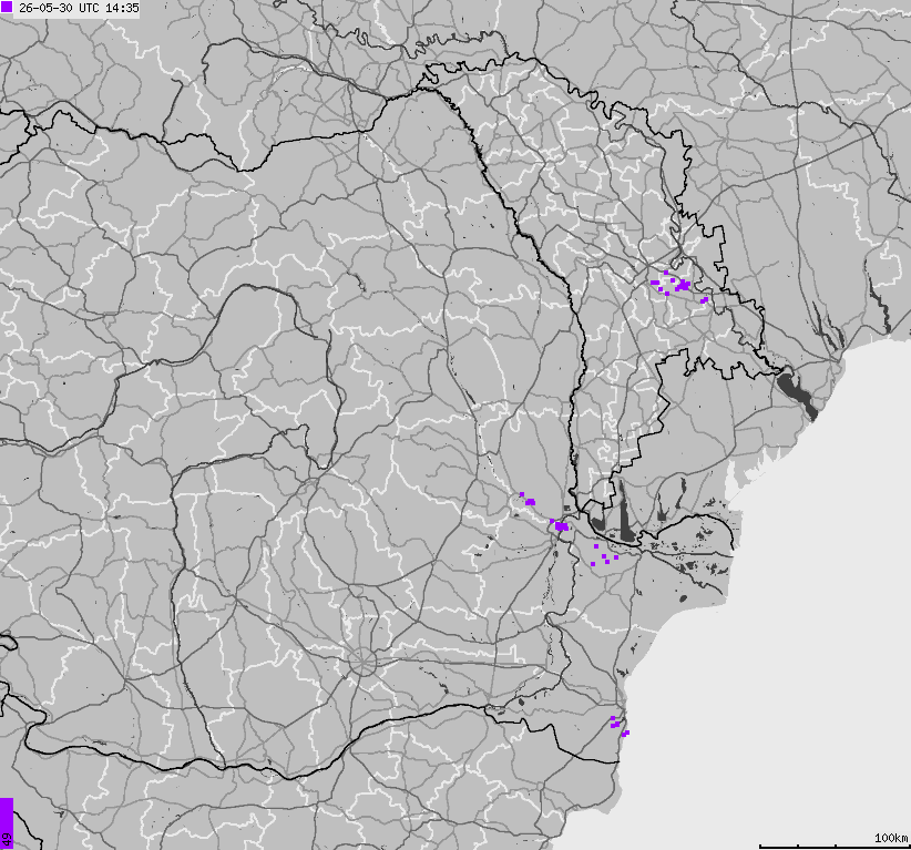Mapa wyładowań atmosferycznych Bułgarii, Mołdawii, Rumunii