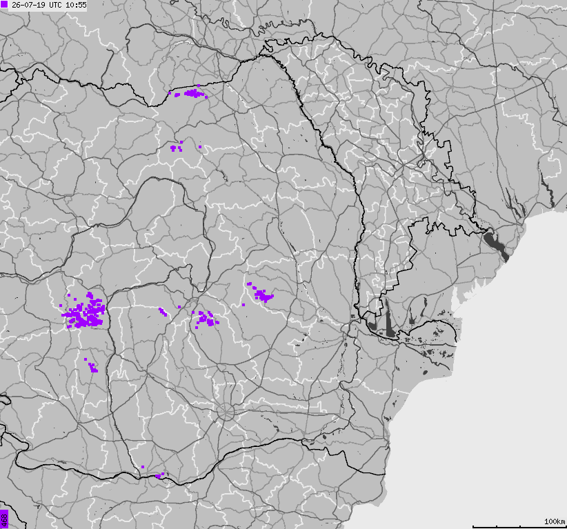 Mapa wyładowań atmosferycznych Bułgarii, Mołdawii, Rumunii