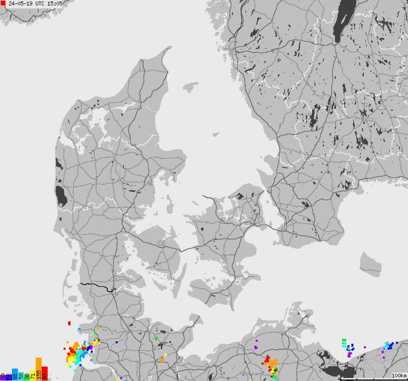 Mapa wyładowań atmosferycznych na obszarze Danii