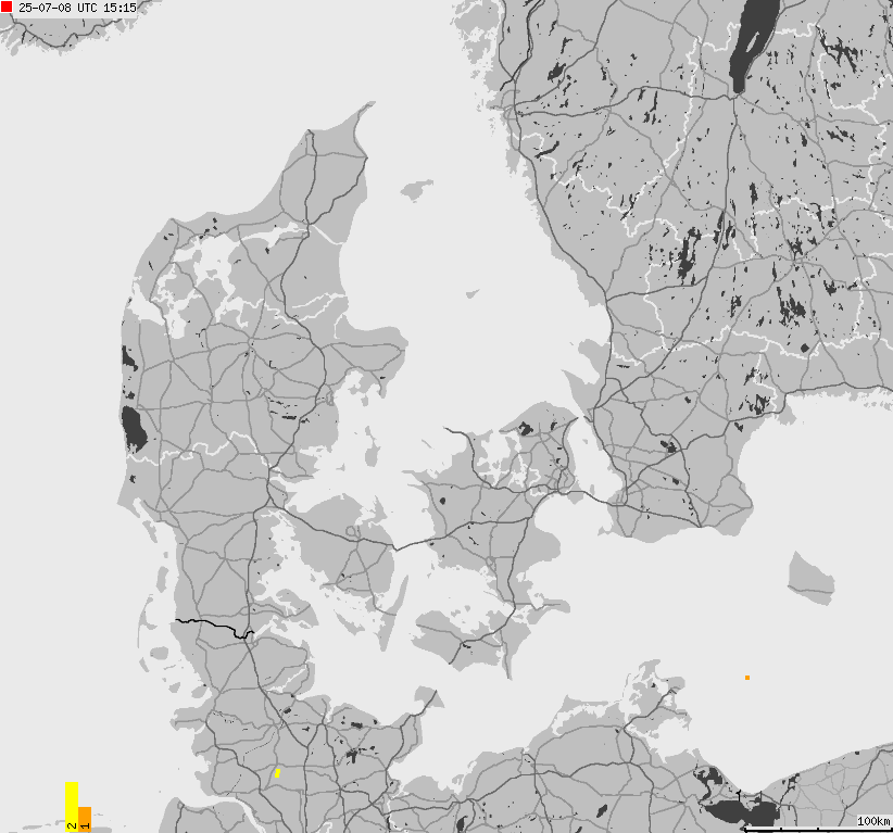 Mapa wyładowań atmosferycznych na obszarze Danii