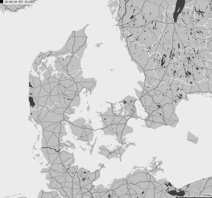 Mapa wyładowań atmosferycznych na obszarze Danii