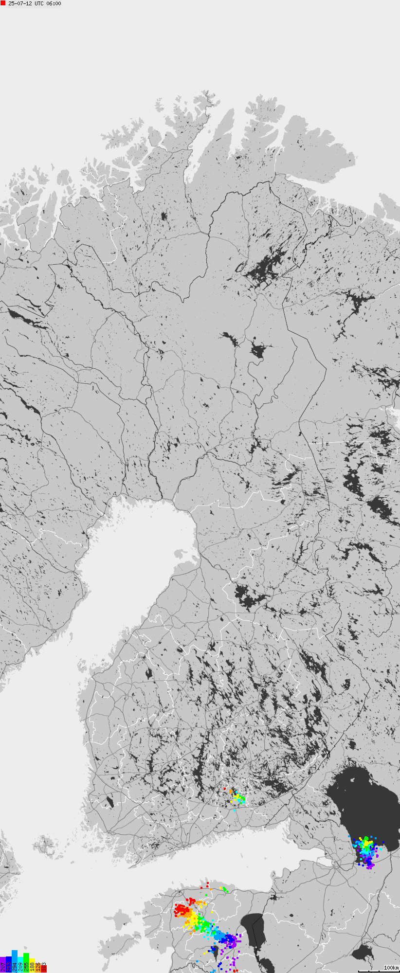 Mapa wyładowań atmosferycznych na obszarze Finlandii