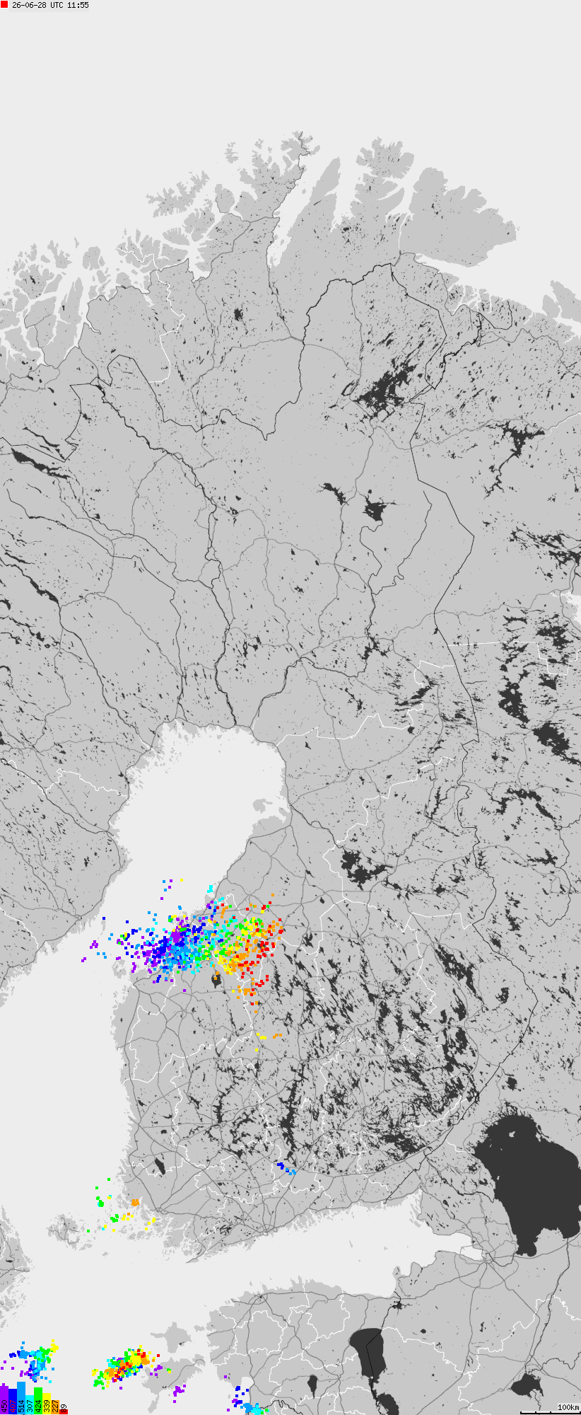 Mapa wyładowań atmosferycznych na obszarze Finlandii