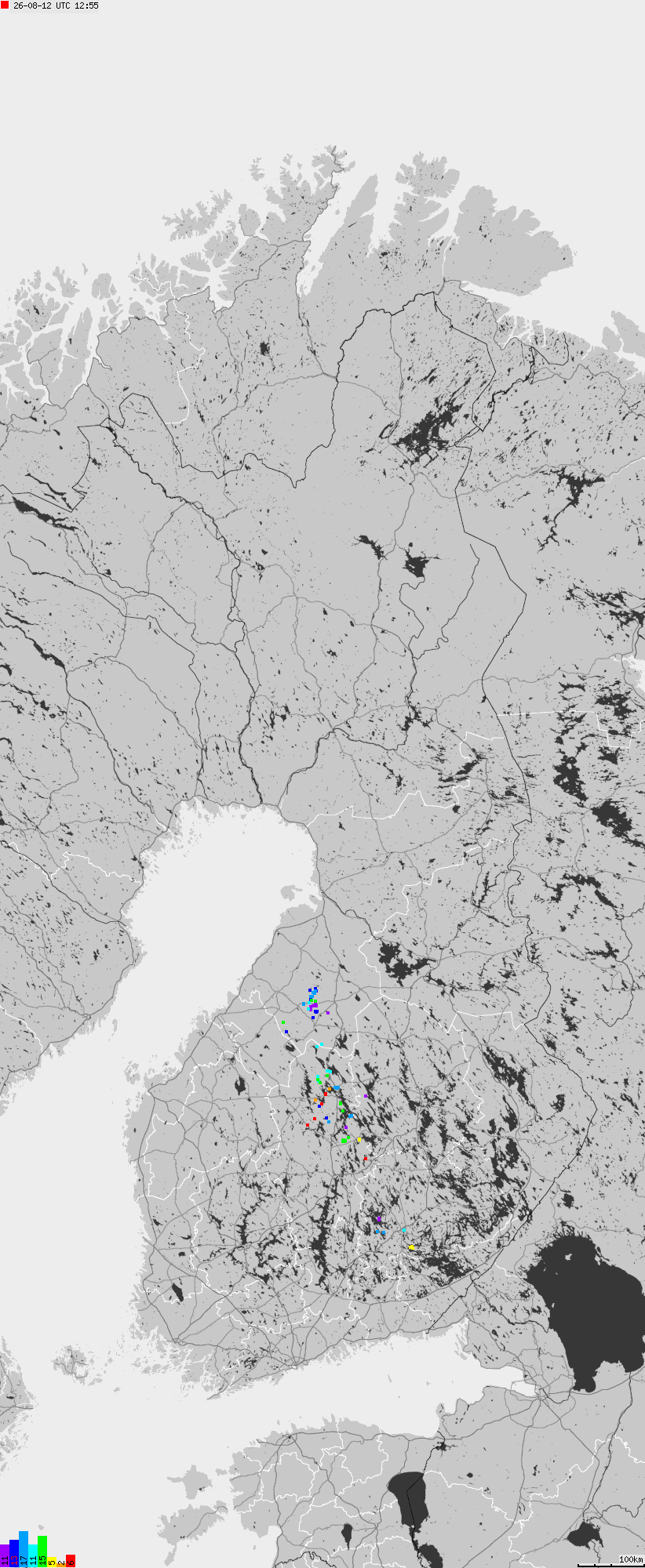 Mapa wyładowań atmosferycznych na obszarze Finlandii