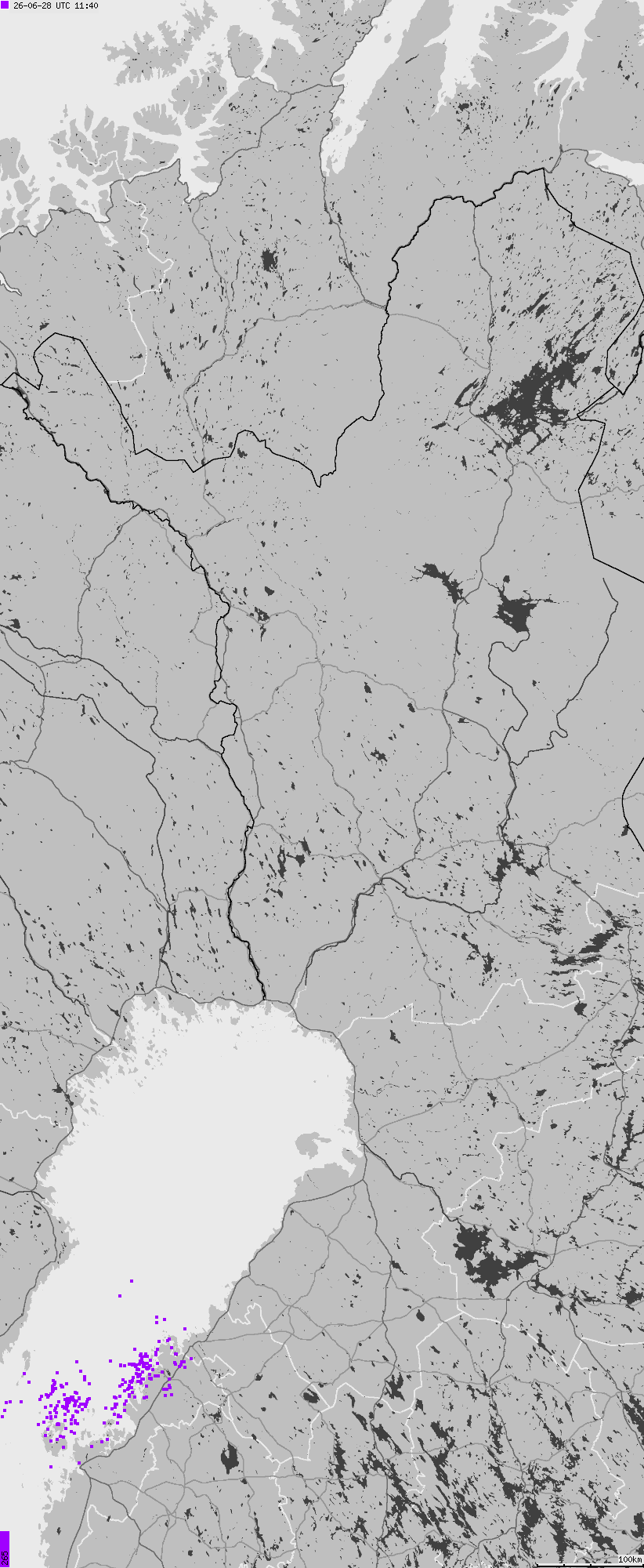 Mapa wyładowań atmosferycznych na obszarze Finlandii