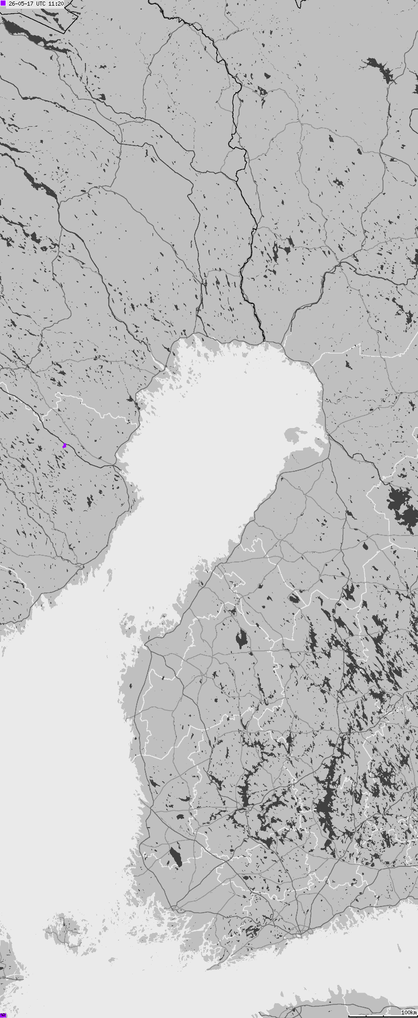 Mapa wyładowań atmosferycznych na obszarze Finlandii