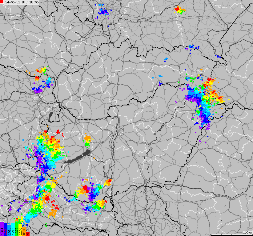 Map of lightnings across Slovakia, Hungary
