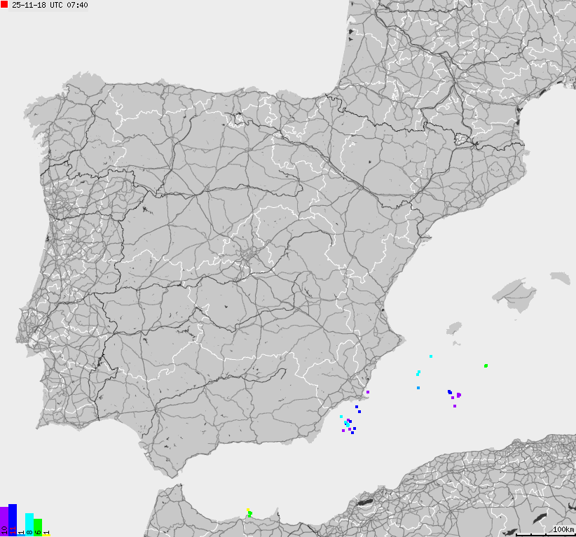 Mapa wyładowań atmosferycznych Hiszpanii, Portugalii