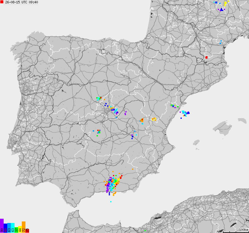 Mapa wyładowań atmosferycznych Hiszpanii, Portugalii