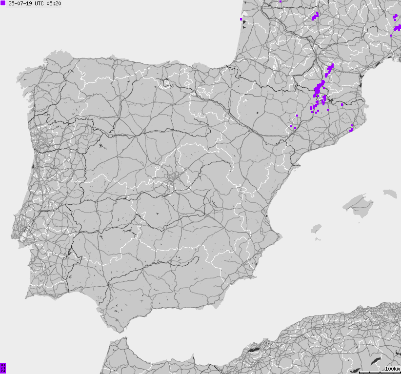 Mapa wyładowań atmosferycznych Hiszpanii, Portugalii