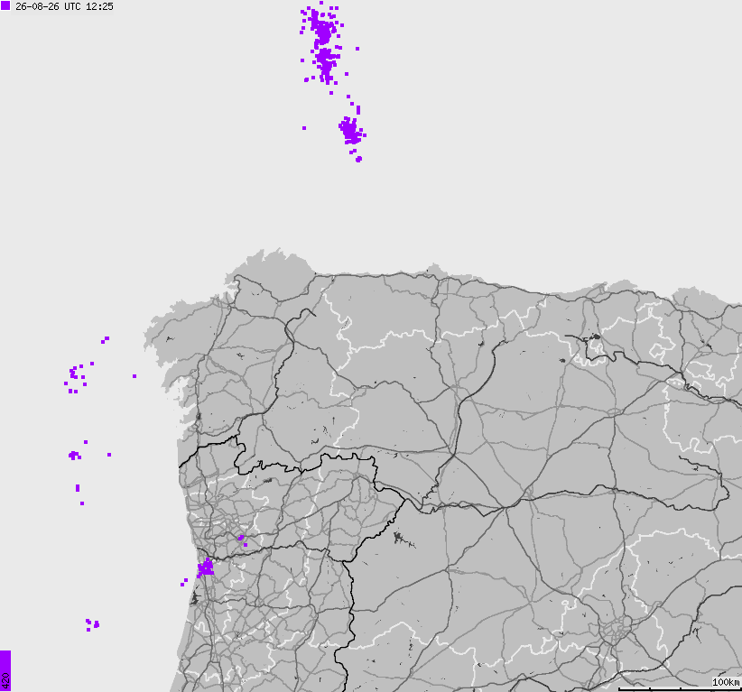 Mapa wyładowań atmosferycznych Hiszpanii, Portugalii