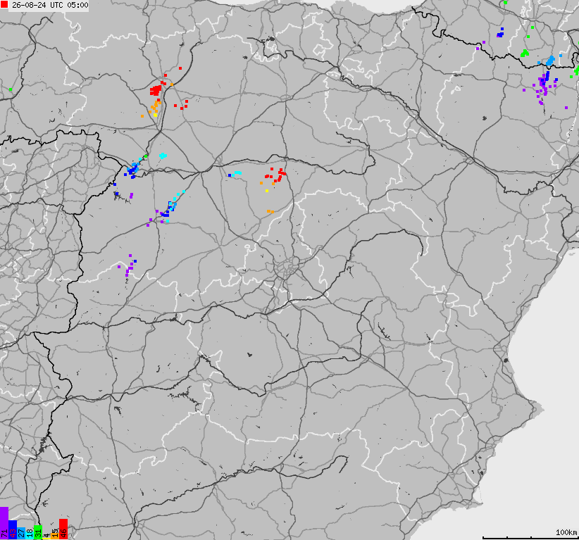 Mapa wyładowań atmosferycznych Hiszpanii, Portugalii