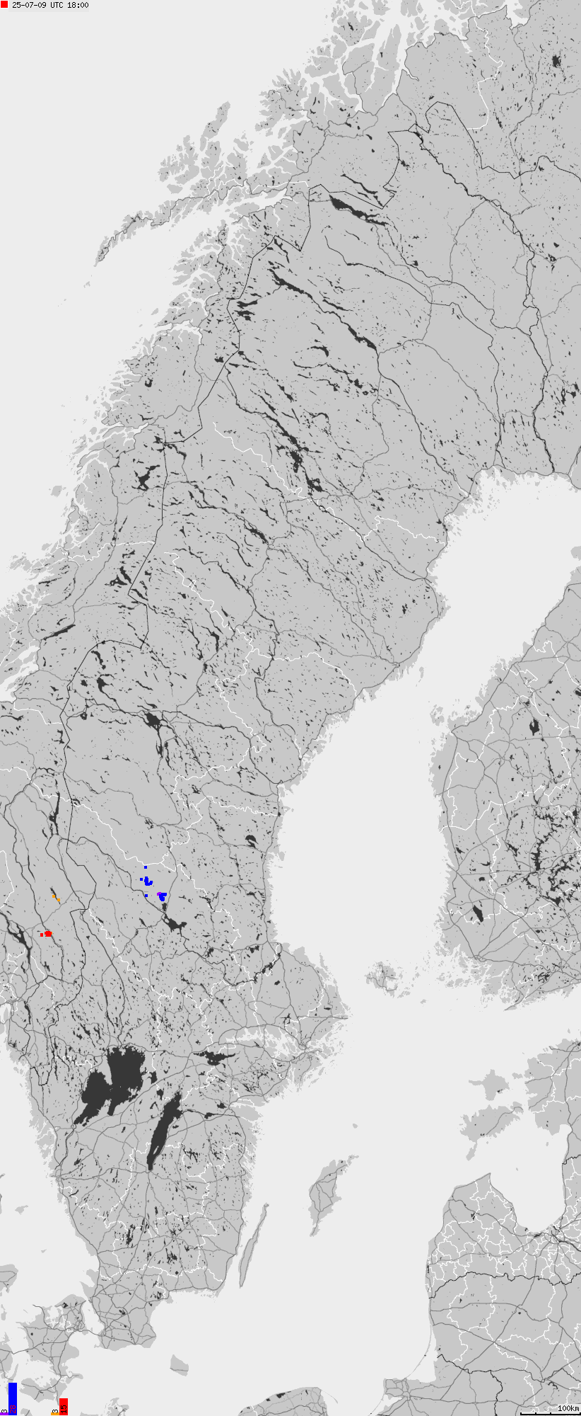 Mapa wyładowań atmosferycznych na obszarze Szwecji