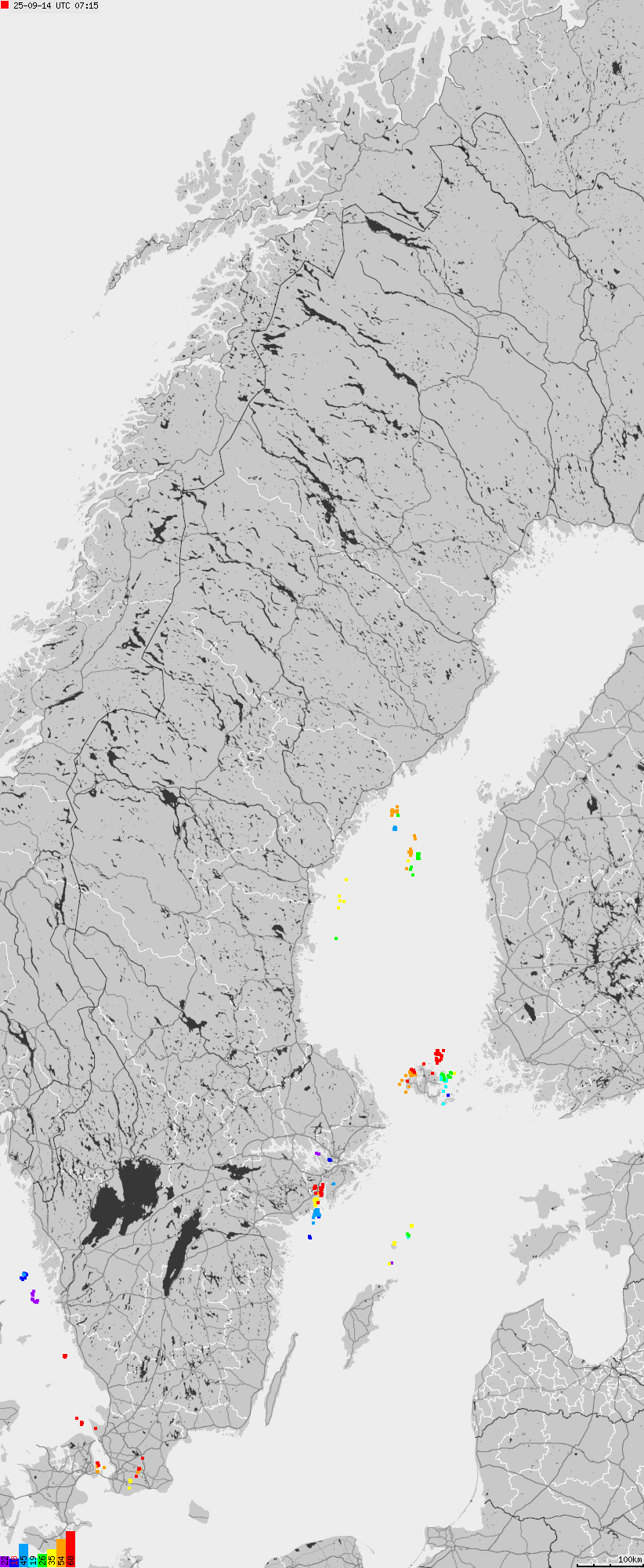 Mapa wyładowań atmosferycznych na obszarze Szwecji