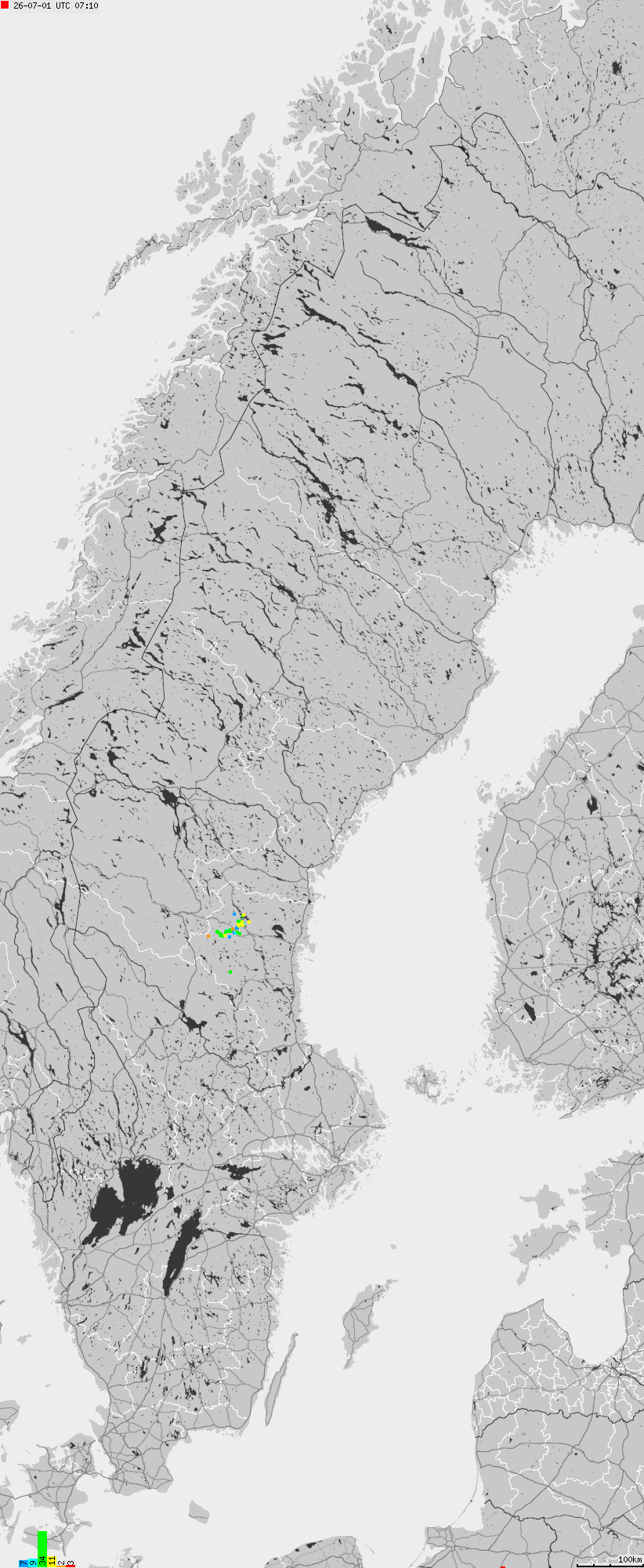 Mapa wyładowań atmosferycznych na obszarze Szwecji