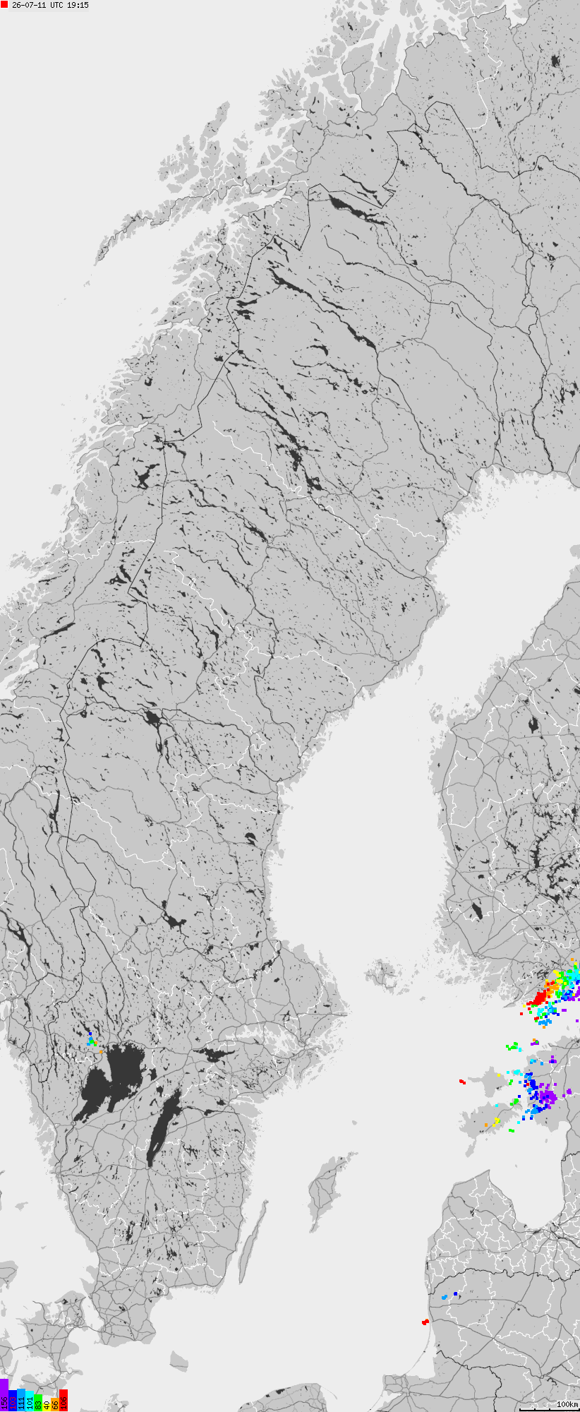 Mapa wyładowań atmosferycznych na obszarze Szwecji