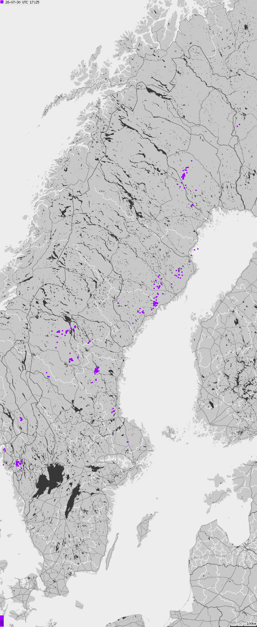 Map of lightnings across Sweden