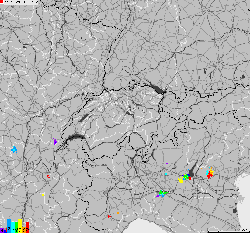 Mapa wyładowań atmosferycznych na obszarze Szwajcarii i Liechtensteinu