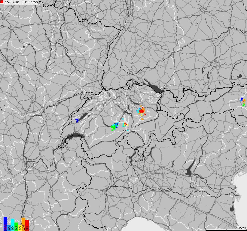 Mapa wyładowań atmosferycznych na obszarze Szwajcarii i Liechtensteinu